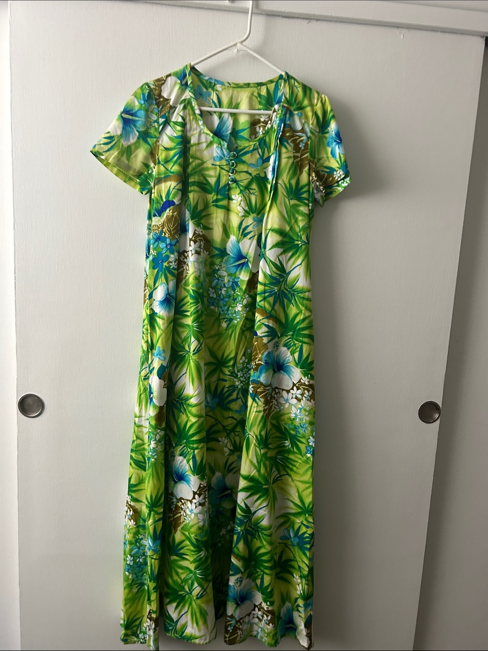 Vintage Barkcloth Green Floral Maxi Dress - Brand Unspecified